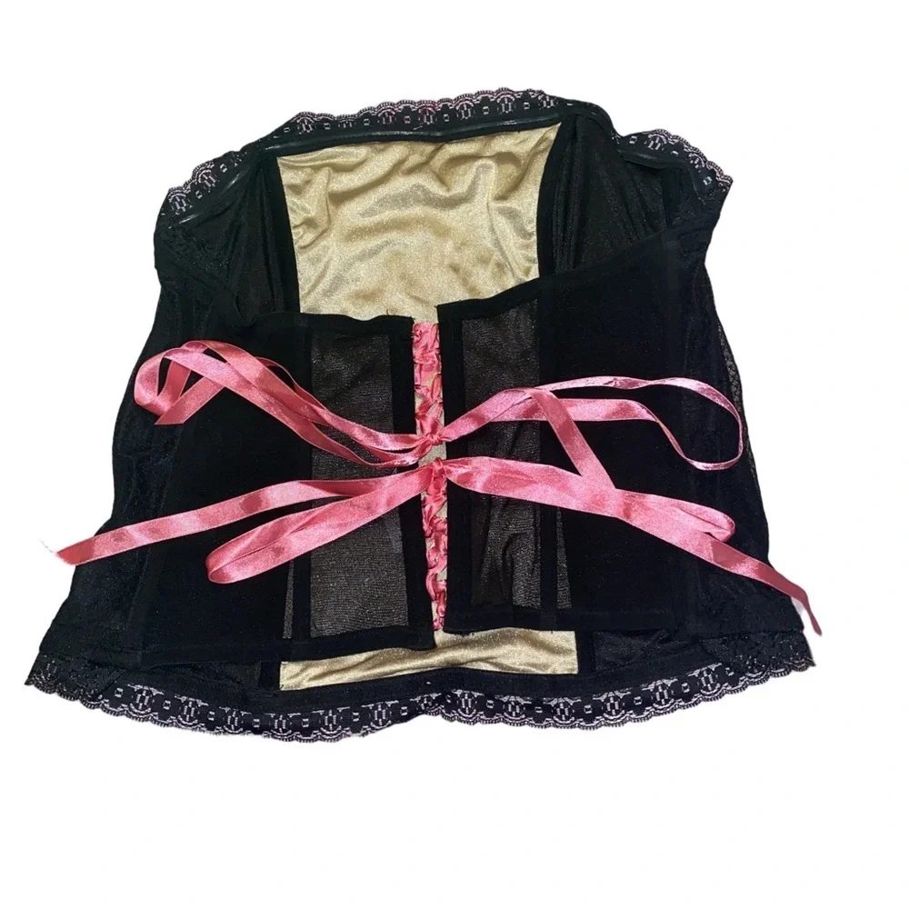 Cacique Black Lace Corset Bustier Strapless Pink Ribbon Plus Size 18/20 Coquette